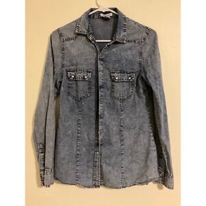 Dizzylissy Women's Acid Wash Denim Long Sleeve Button Up Shirt Size S